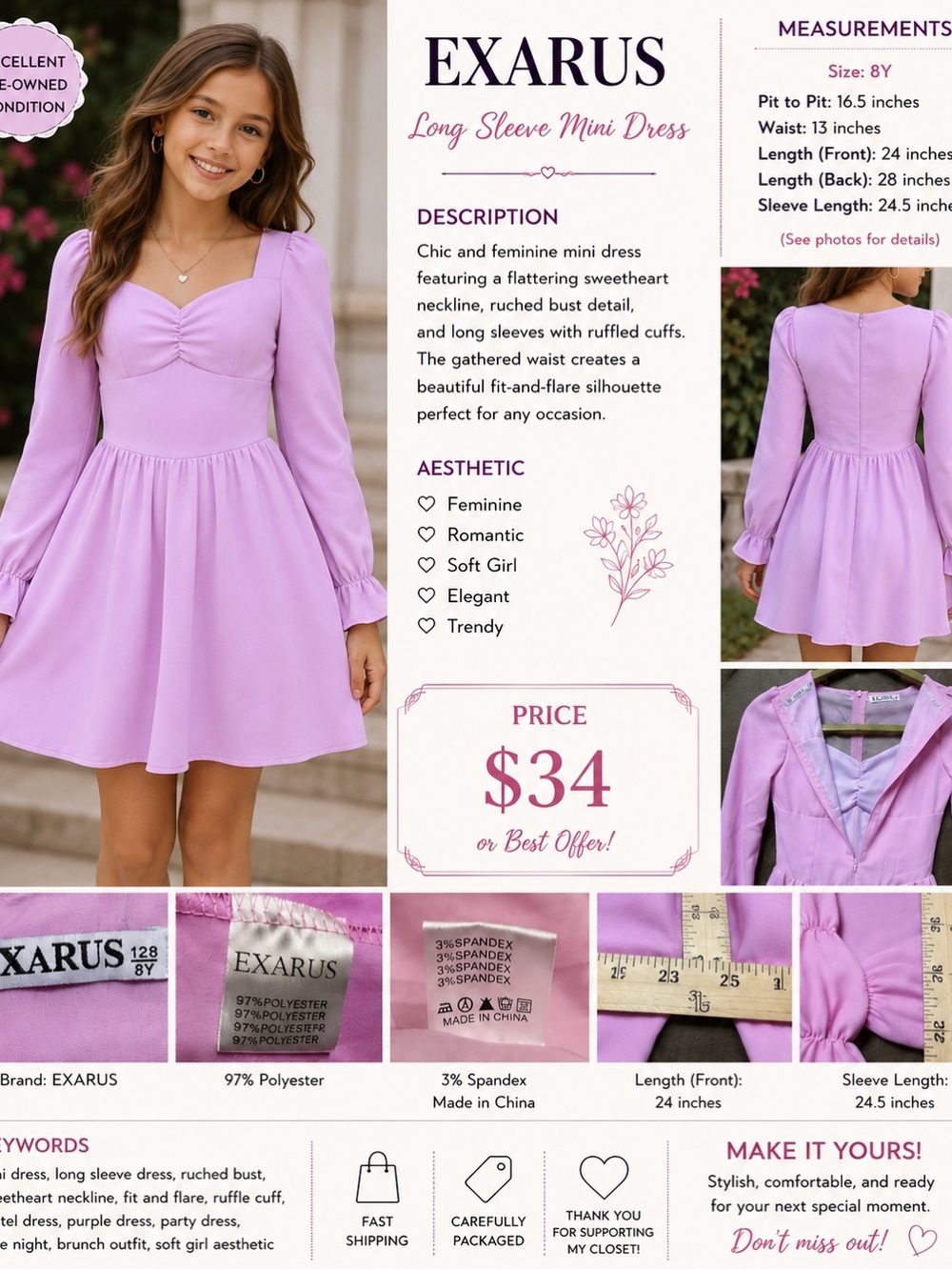 Exarus Girls' Pink Long-Sleeve Square-Neck Party Dress